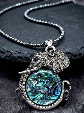 Antique Silver Elephant & Iridescent Abalone Shell Statement Necklace